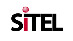 Logo rouge et noir Sitel avec sphère.